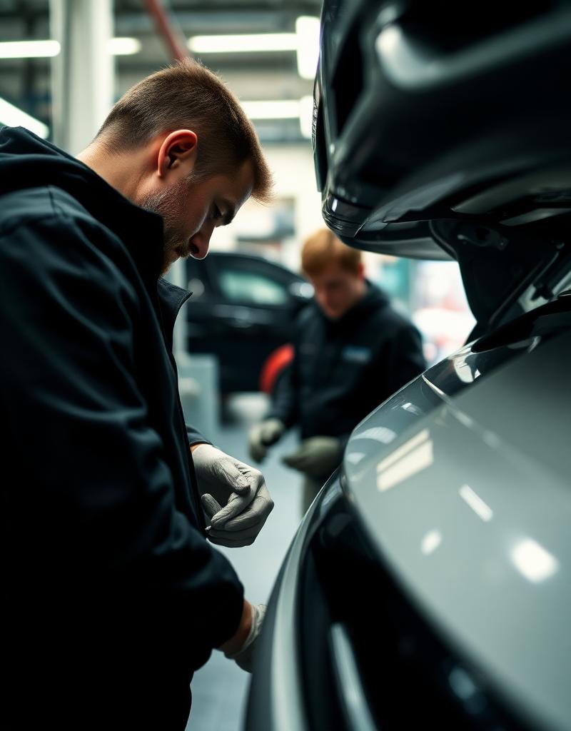 Mechaniker bei der Arbeit in einer modernen Berliner KFZ-Werkstatt